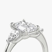 Emerald Cut - Plain Band - Three Stone Ring - 0.25 Ct Side Stone each - 18 K Gold